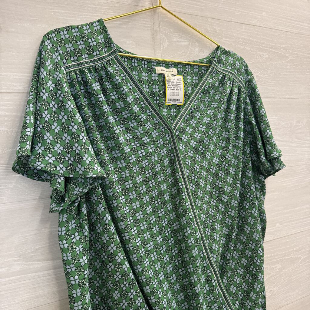 Max Studio Green/ Blue Print Short Ruffle Sleeve Top 1X