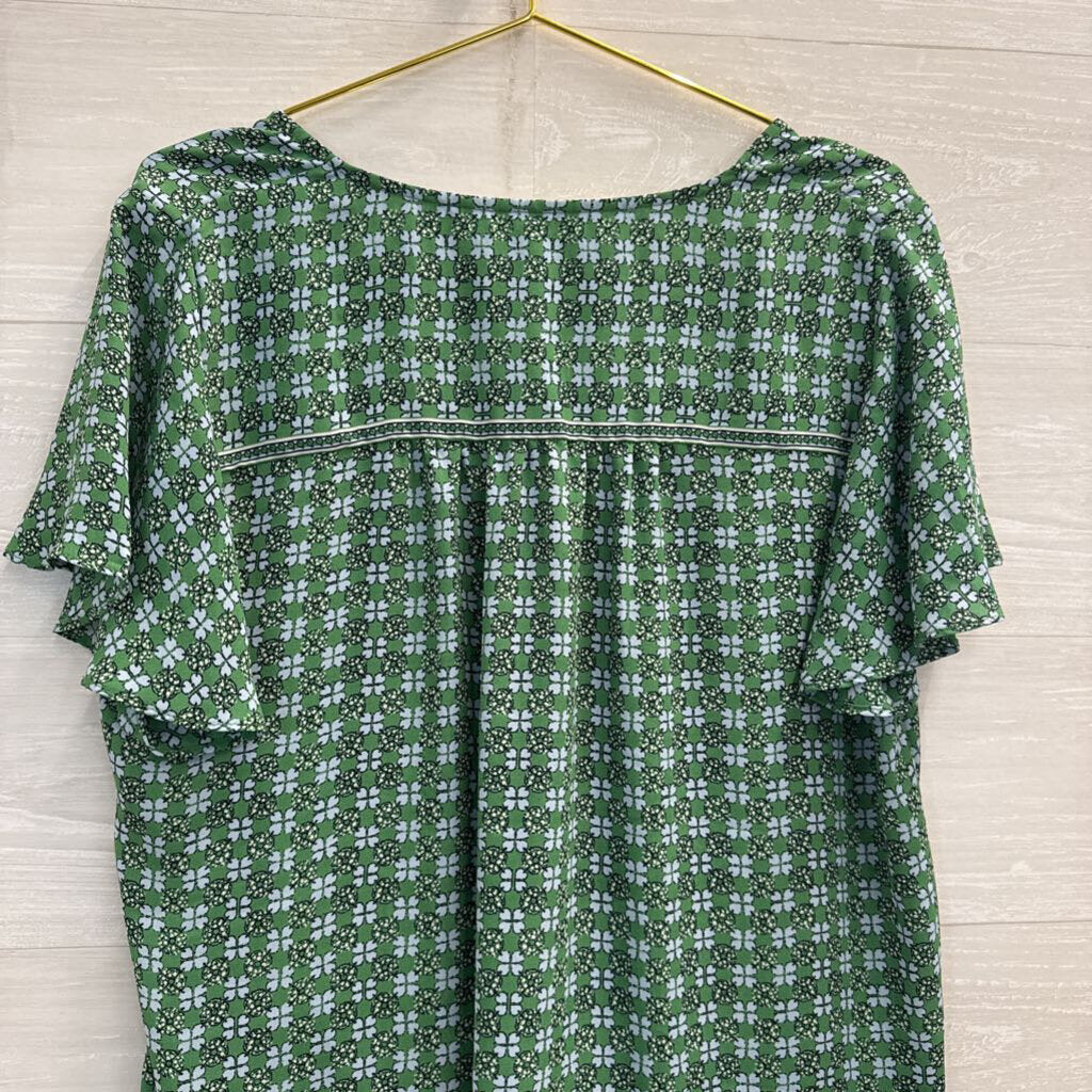 Max Studio Green/ Blue Print Short Ruffle Sleeve Top 1X