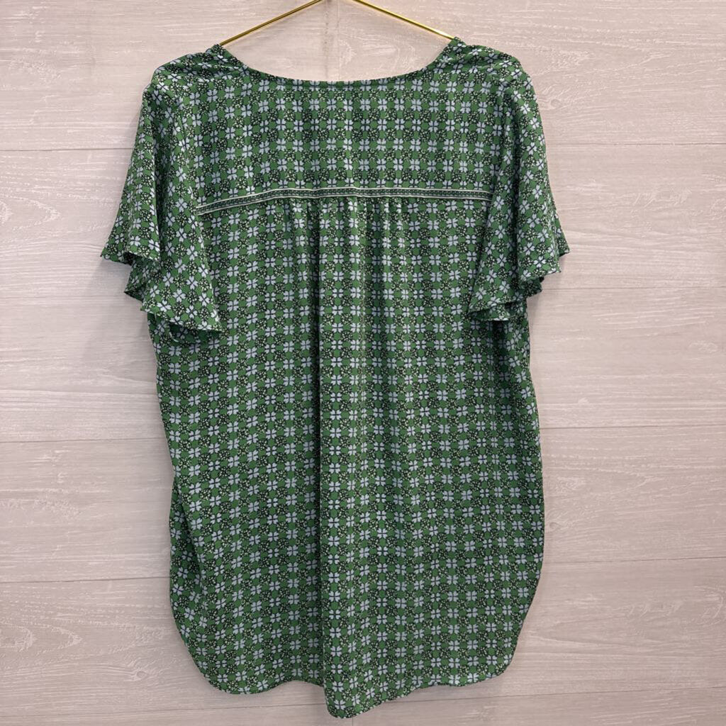 Max Studio Green/ Blue Print Short Ruffle Sleeve Top 1X