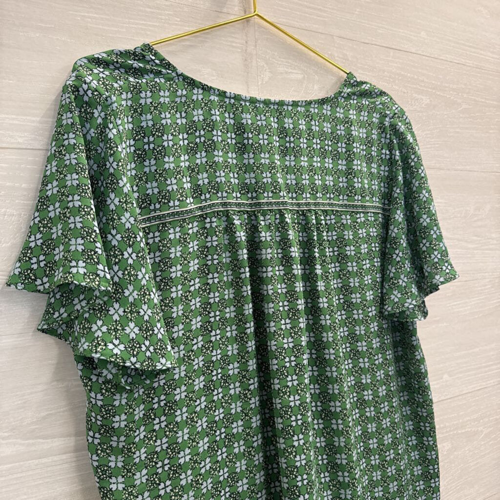 Max Studio Green/ Blue Print Short Ruffle Sleeve Top 1X