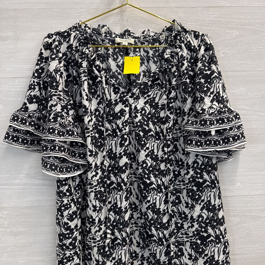 Max Studio Black/ White Print Short Ruffle Sleeve Top 1X