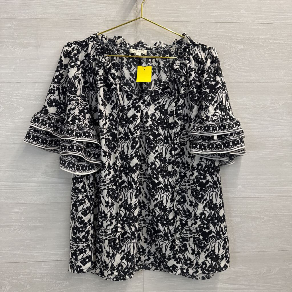 Max Studio Black/ White Print Short Ruffle Sleeve Top 1X