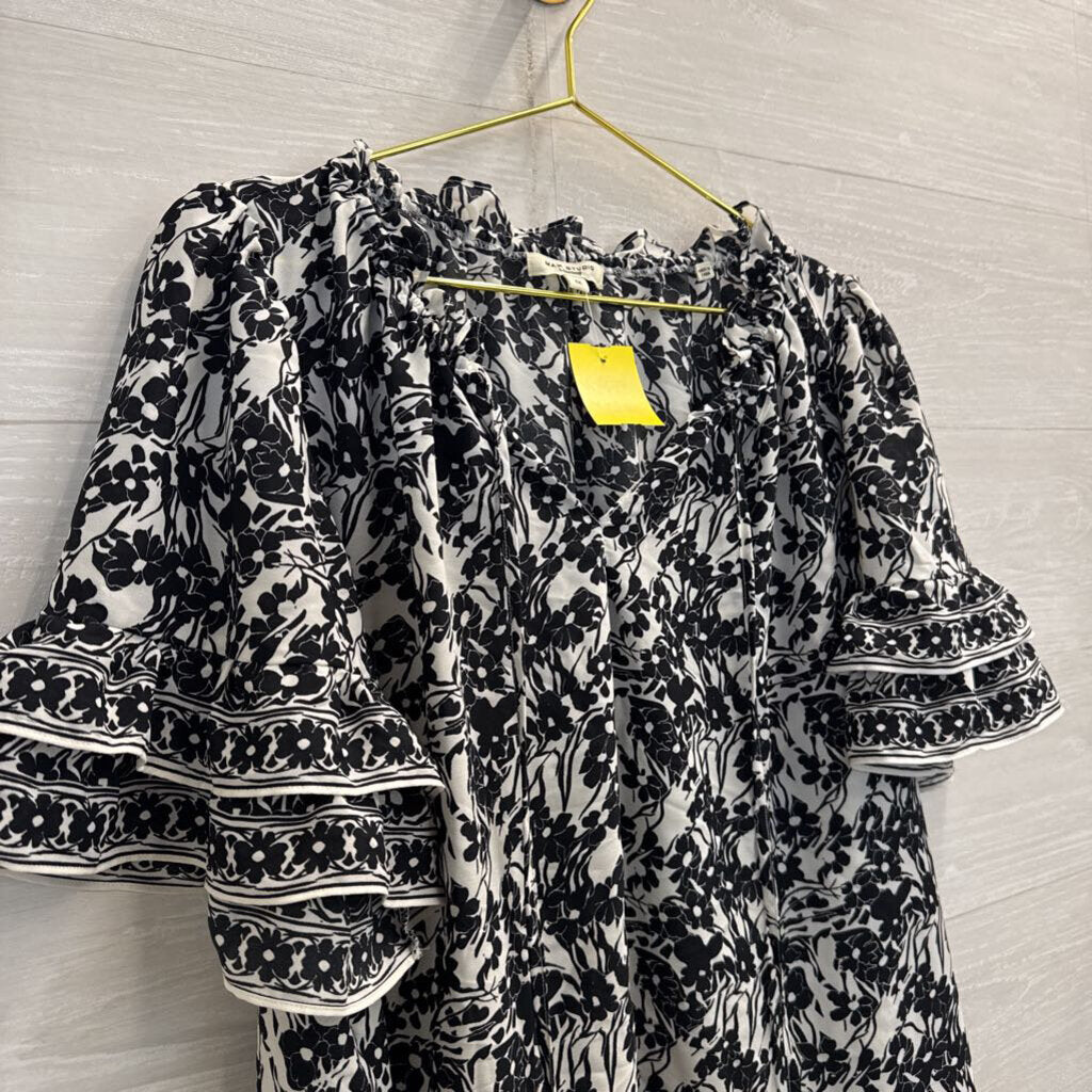 Max Studio Black/ White Print Short Ruffle Sleeve Top 1X