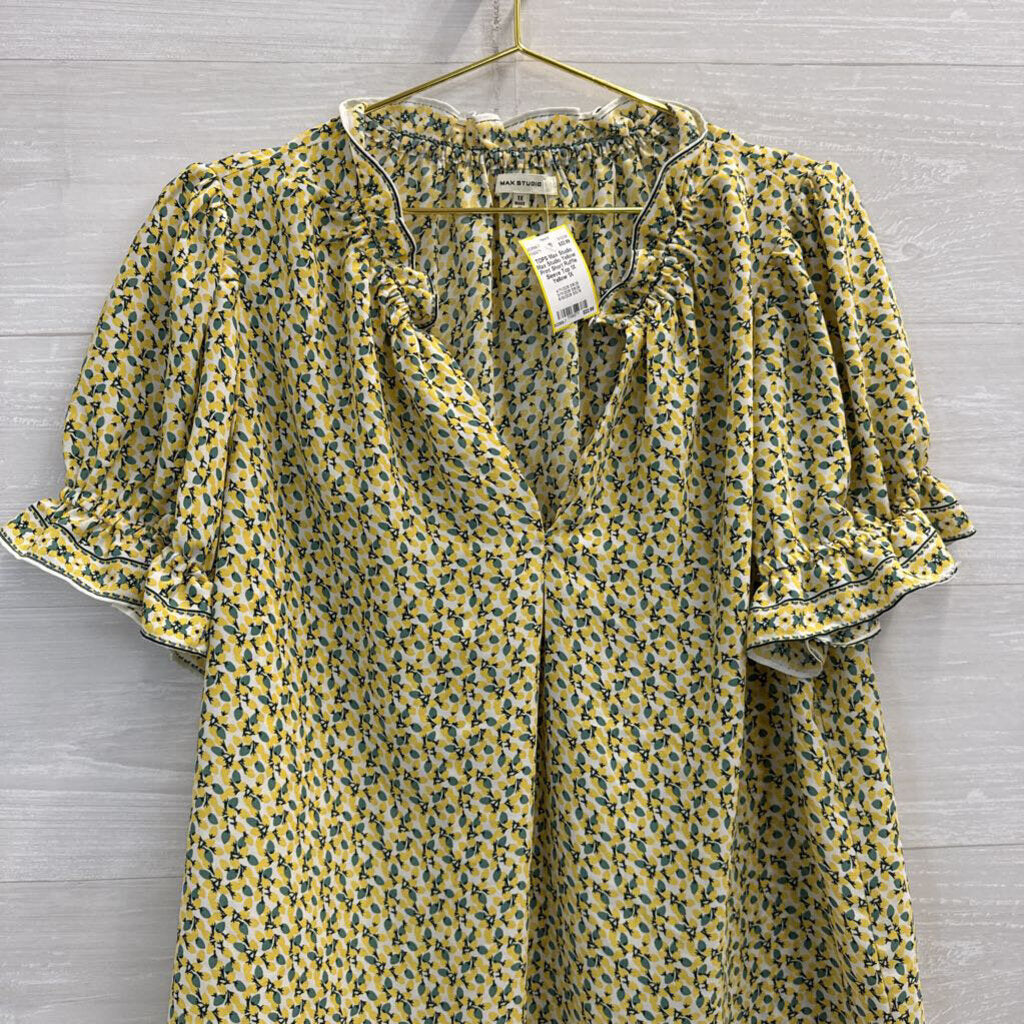 Max Studio Yellow Print Short Ruffle Sleeve Top 1X