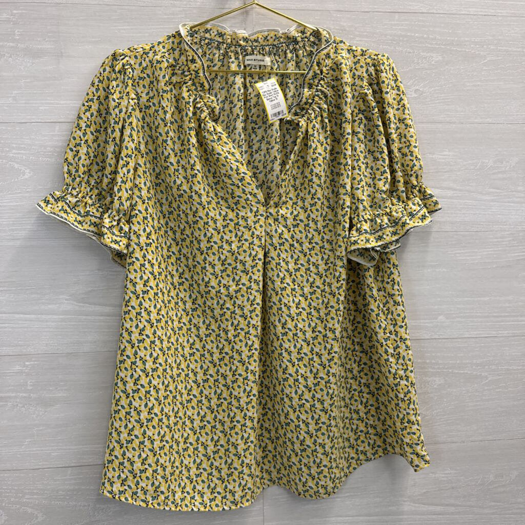 Max Studio Yellow Print Short Ruffle Sleeve Top 1X