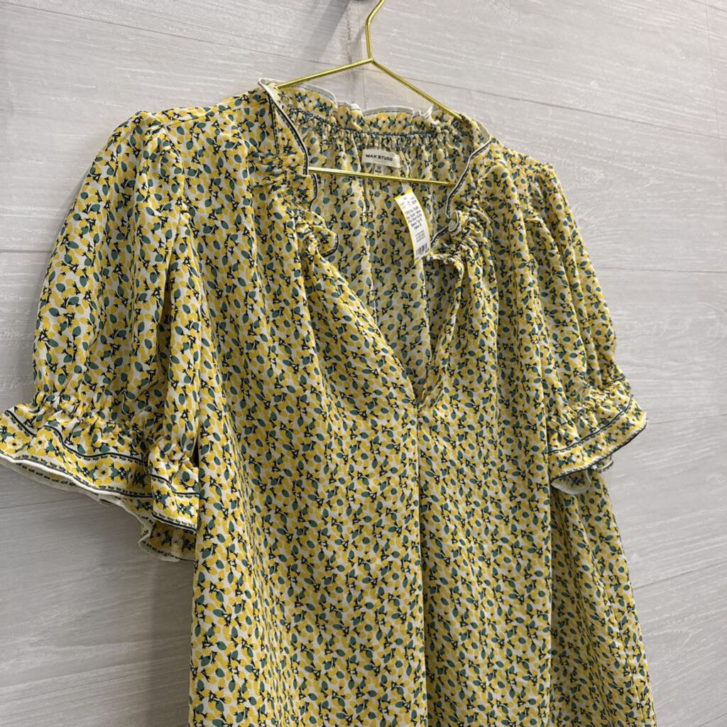 Max Studio Yellow Print Short Ruffle Sleeve Top 1X