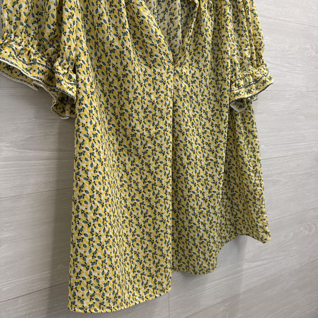 Max Studio Yellow Print Short Ruffle Sleeve Top 1X