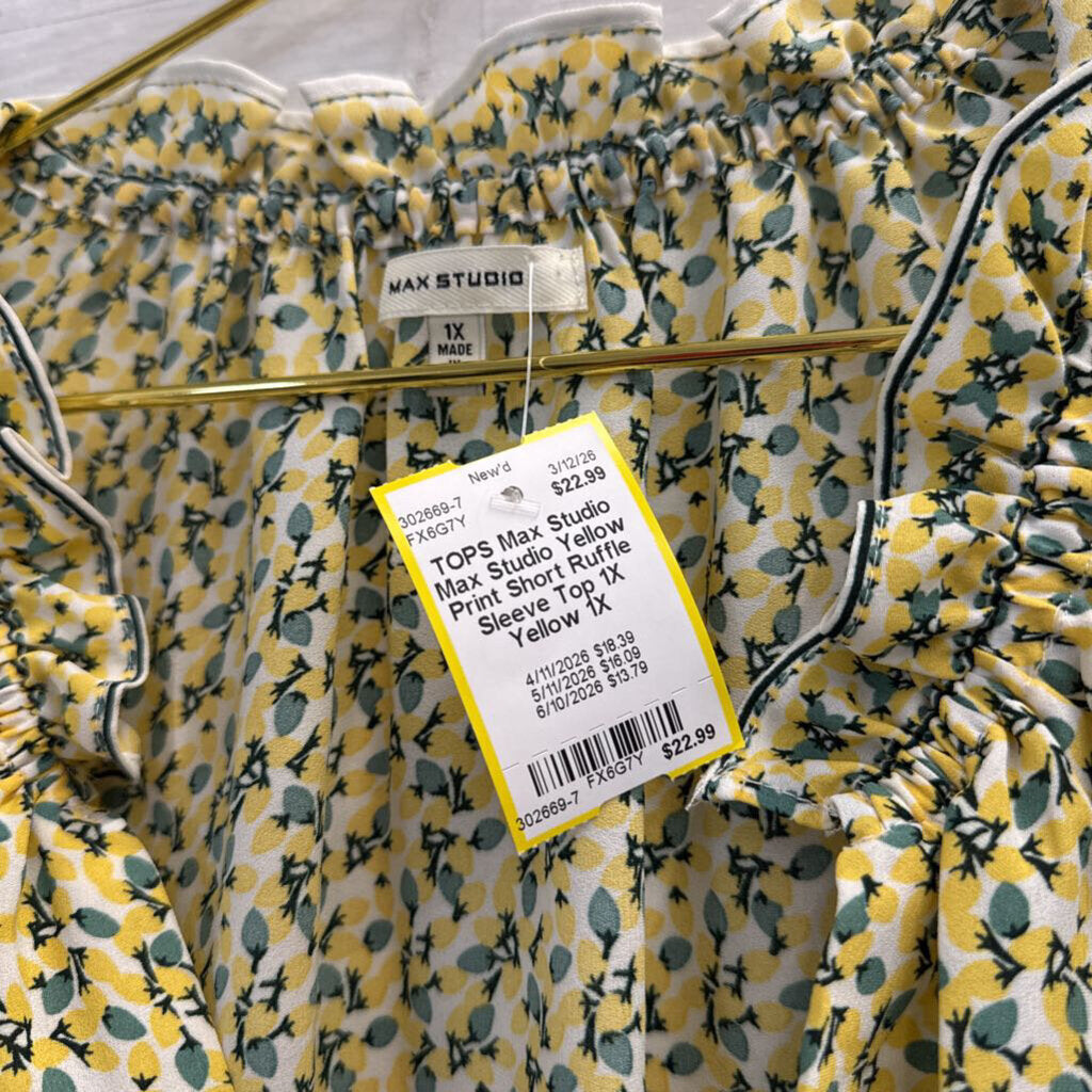 Max Studio Yellow Print Short Ruffle Sleeve Top 1X