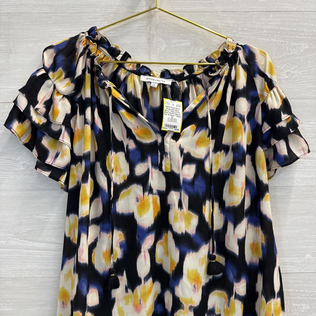 Rose and Olive Navy/ Yellow Print Short Ruffle Sleeve Top 1X