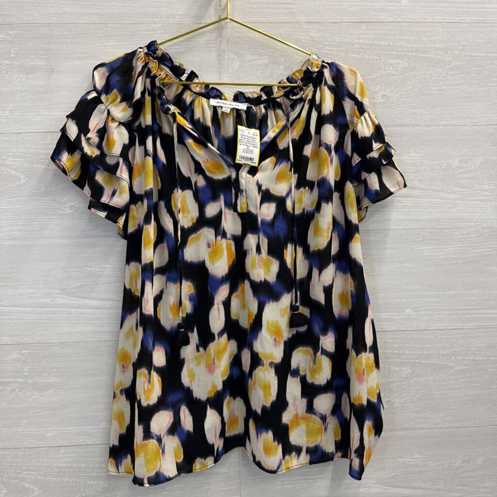 Rose and Olive Navy/ Yellow Print Short Ruffle Sleeve Top 1X