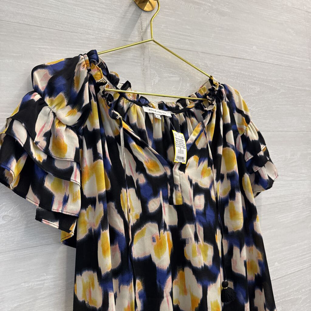 Rose and Olive Navy/ Yellow Print Short Ruffle Sleeve Top 1X
