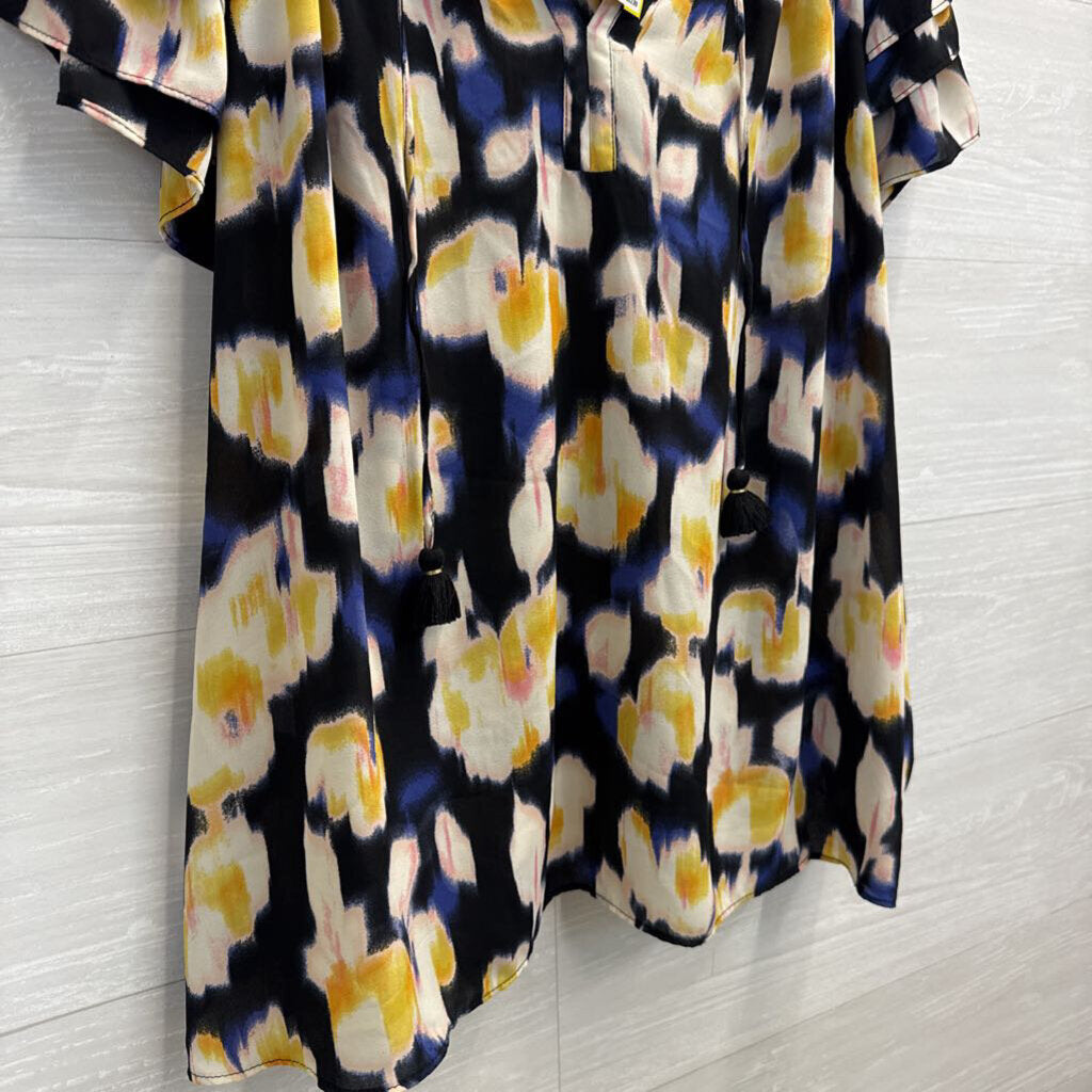 Rose and Olive Navy/ Yellow Print Short Ruffle Sleeve Top 1X