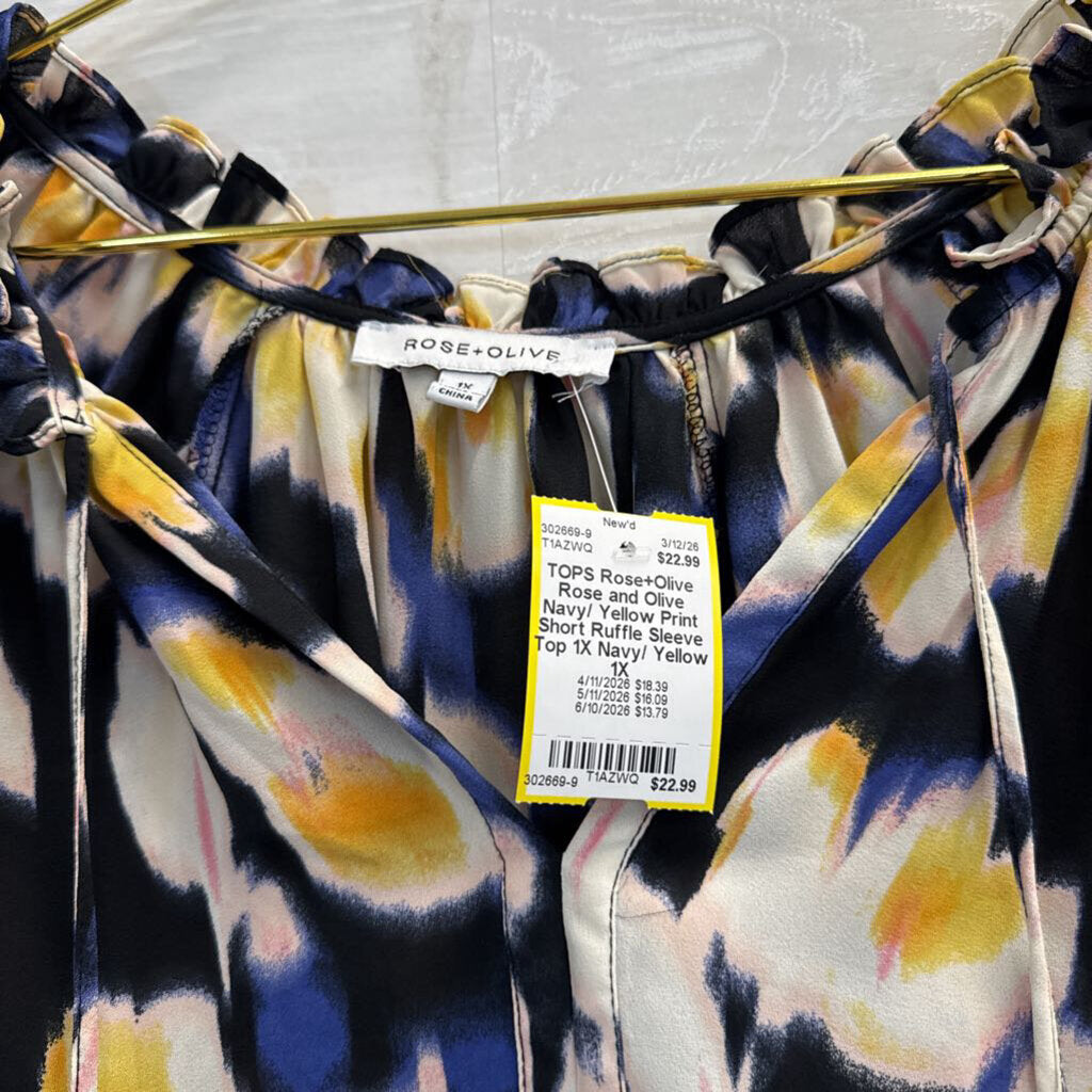Rose and Olive Navy/ Yellow Print Short Ruffle Sleeve Top 1X