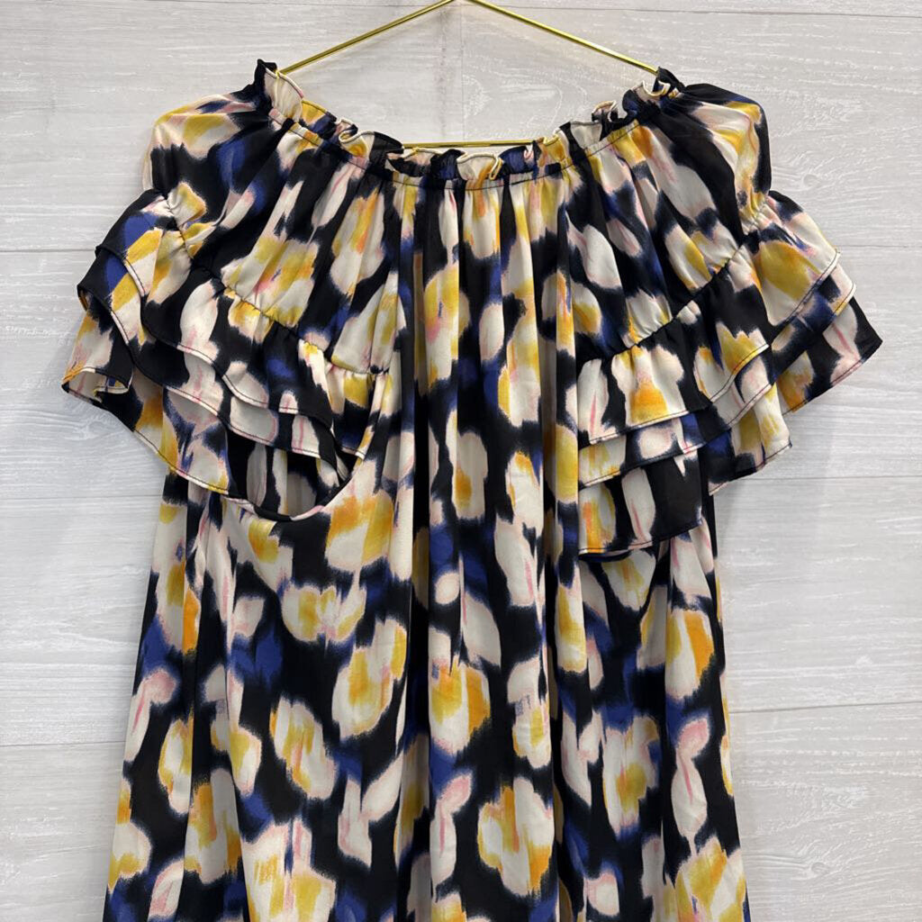 Rose and Olive Navy/ Yellow Print Short Ruffle Sleeve Top 1X