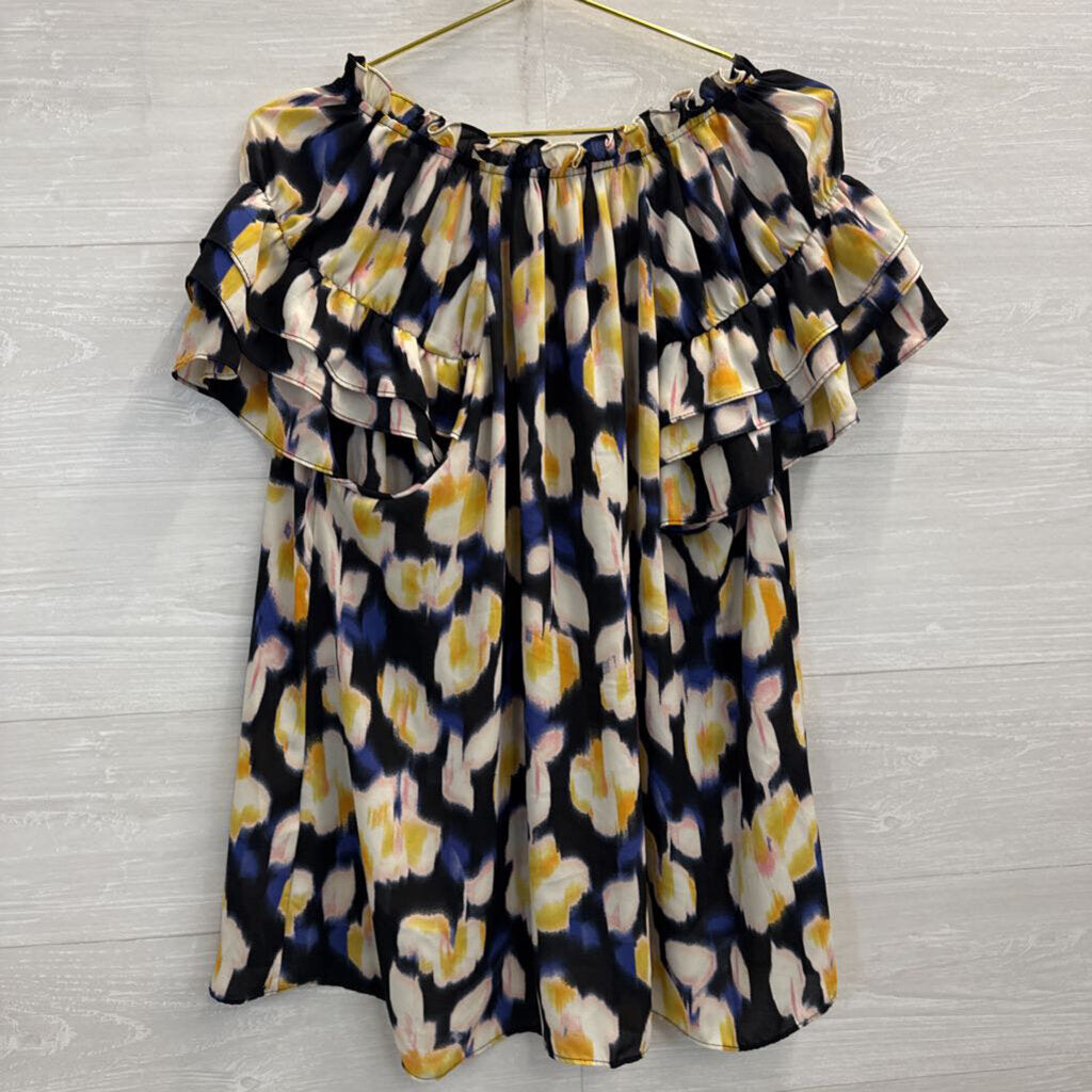Rose and Olive Navy/ Yellow Print Short Ruffle Sleeve Top 1X