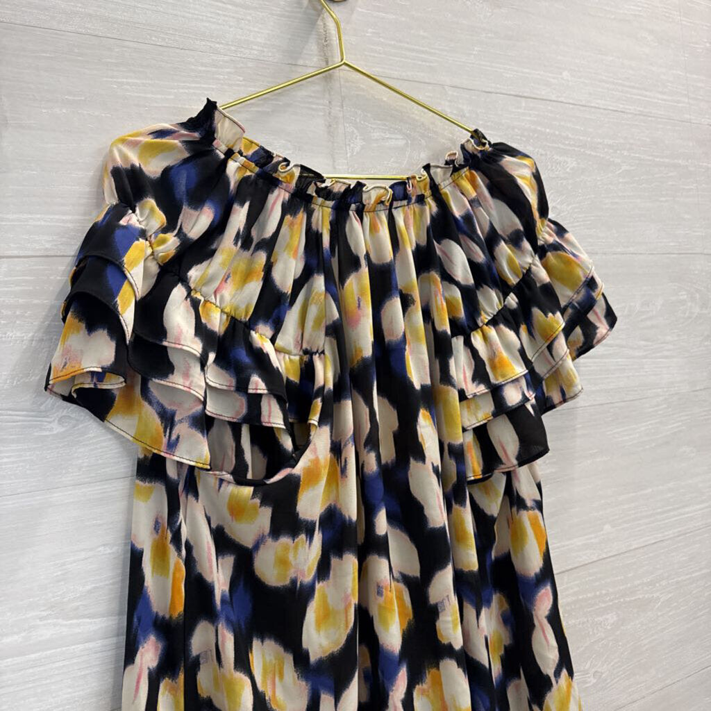 Rose and Olive Navy/ Yellow Print Short Ruffle Sleeve Top 1X