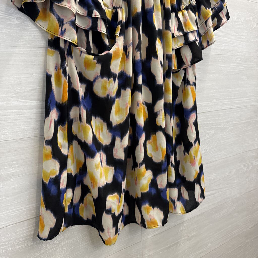 Rose and Olive Navy/ Yellow Print Short Ruffle Sleeve Top 1X
