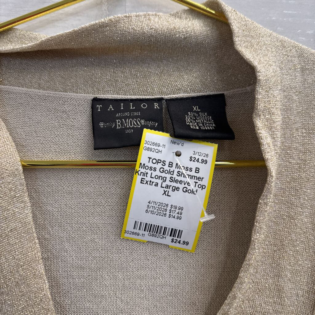 B Moss Gold Shimmer Knit Long Sleeve Top Extra Large