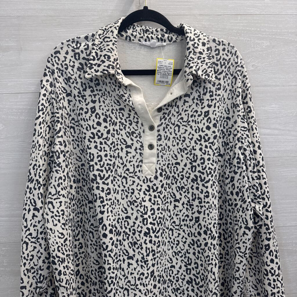 Jane and Delancey White/ Black Leopard Print Henley Long Sleeve Top 1X