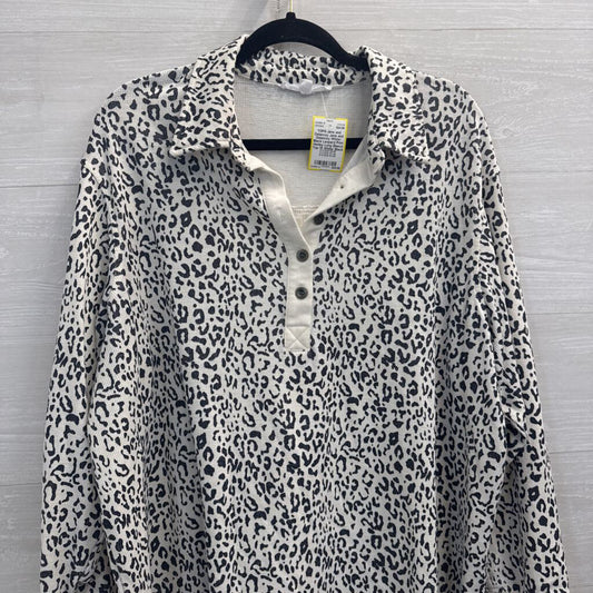 Jane and Delancey White/ Black Leopard Print Henley Long Sleeve Top 1X