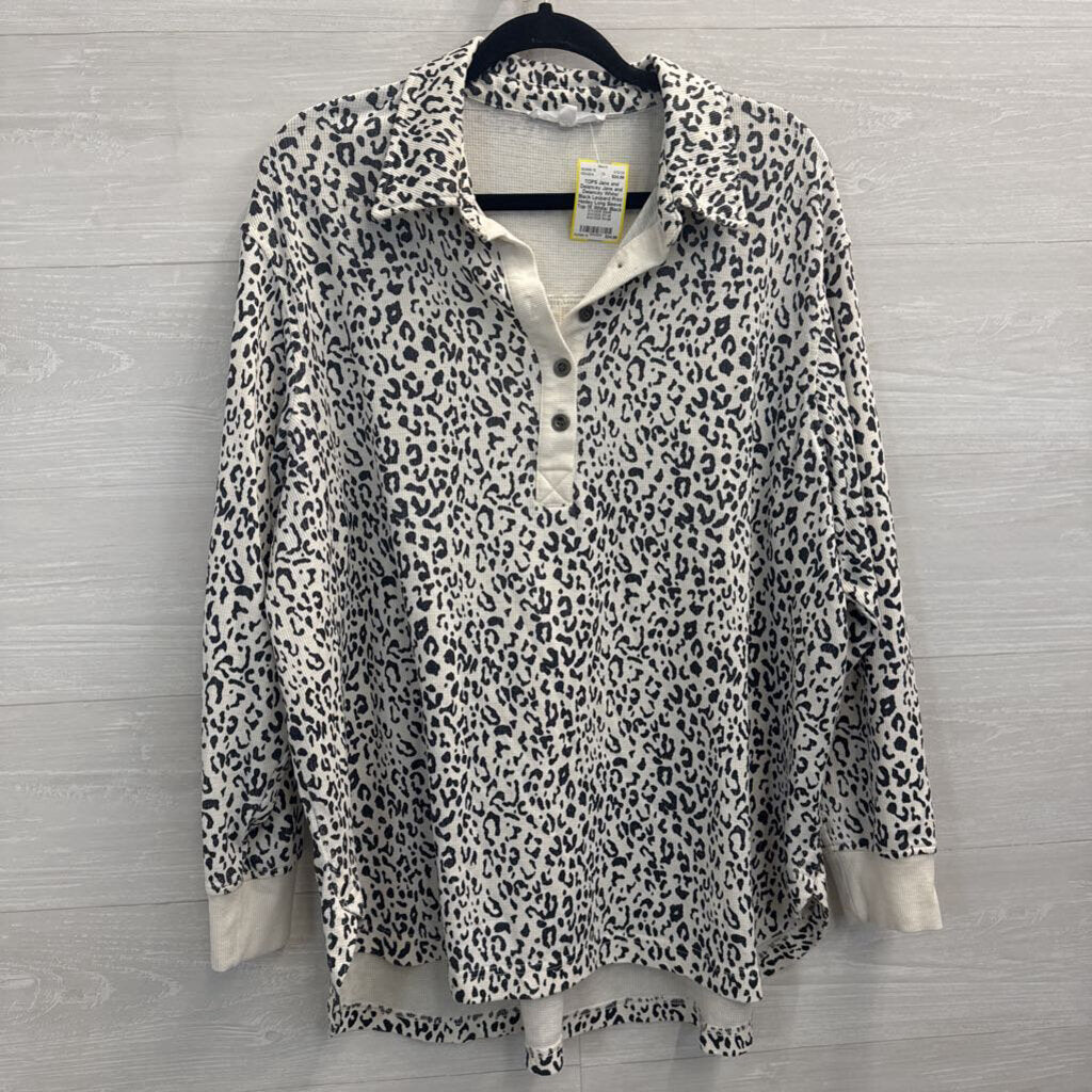 Jane and Delancey White/ Black Leopard Print Henley Long Sleeve Top 1X
