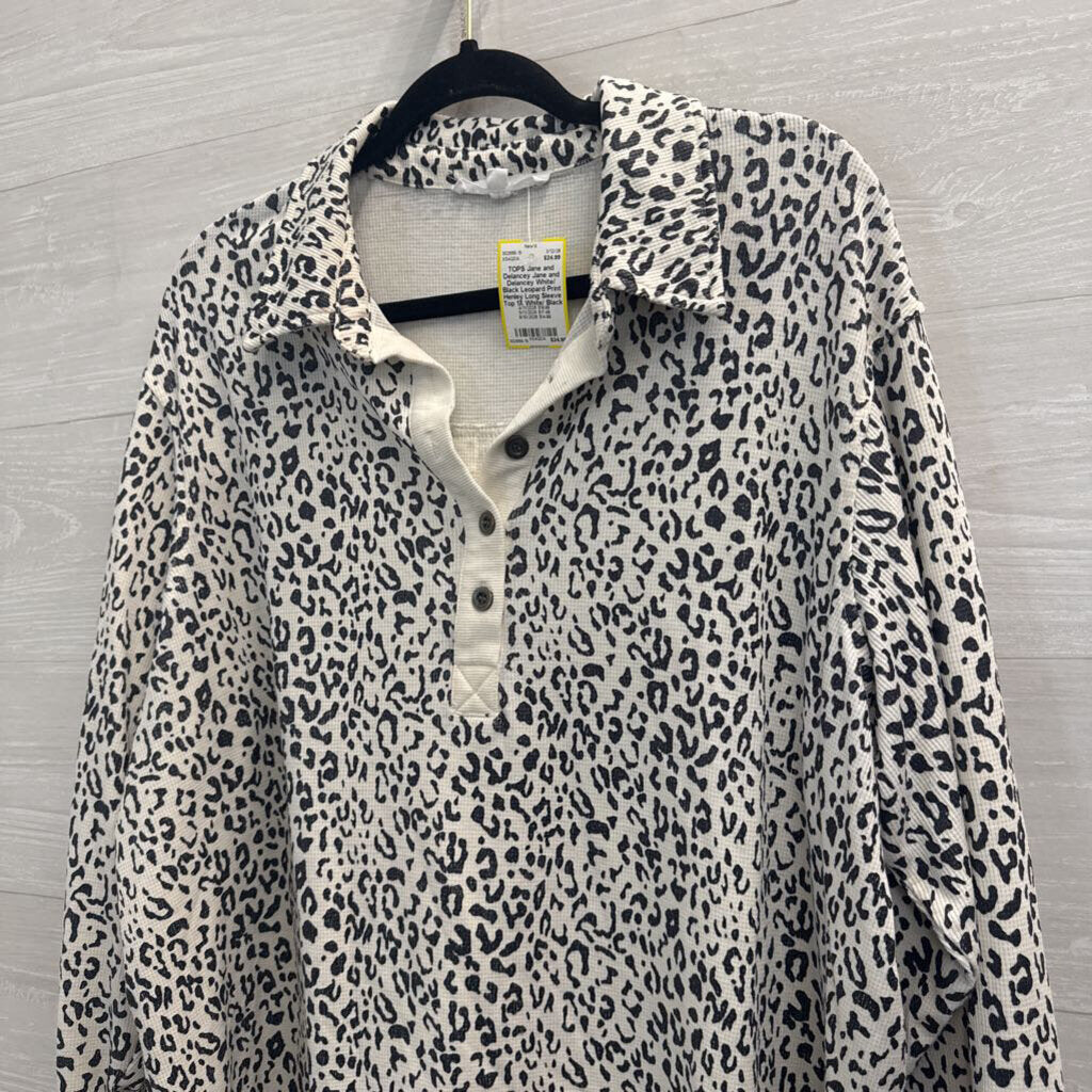 Jane and Delancey White/ Black Leopard Print Henley Long Sleeve Top 1X