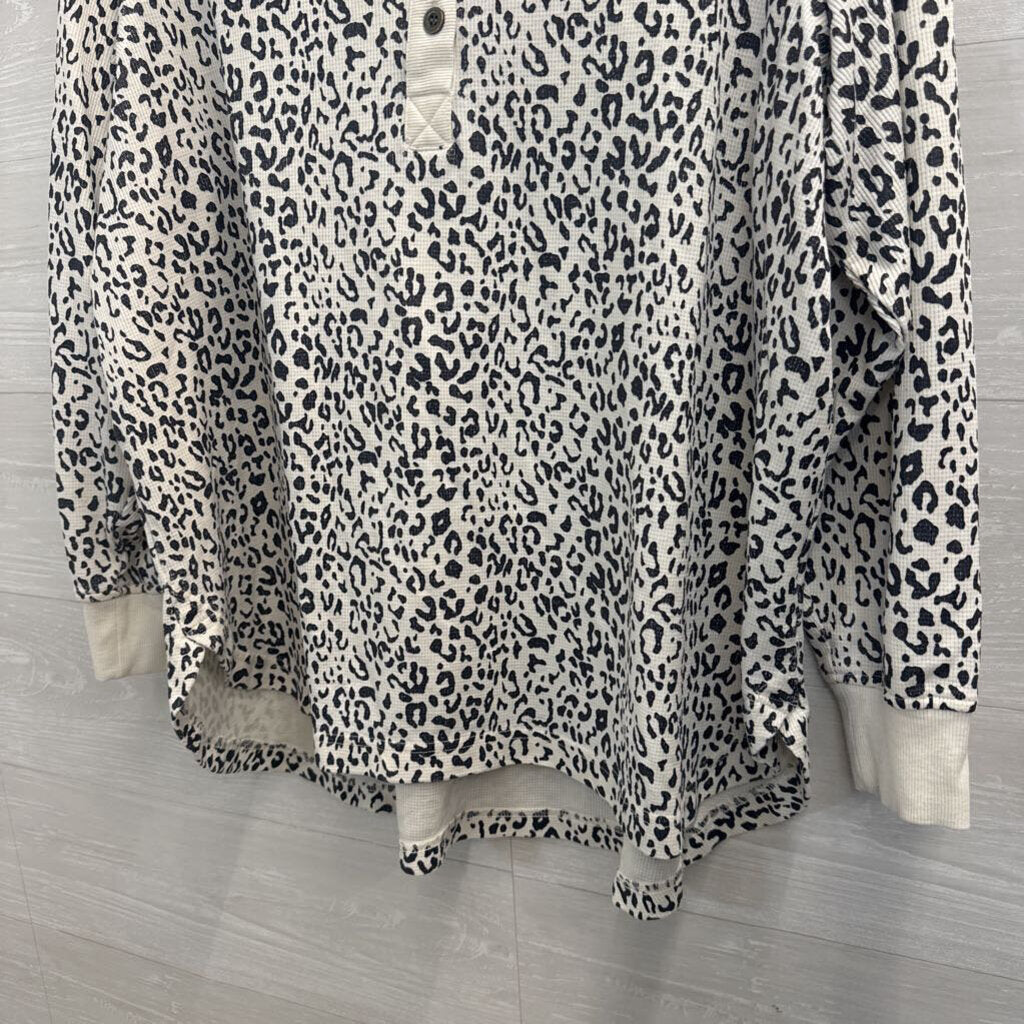Jane and Delancey White/ Black Leopard Print Henley Long Sleeve Top 1X