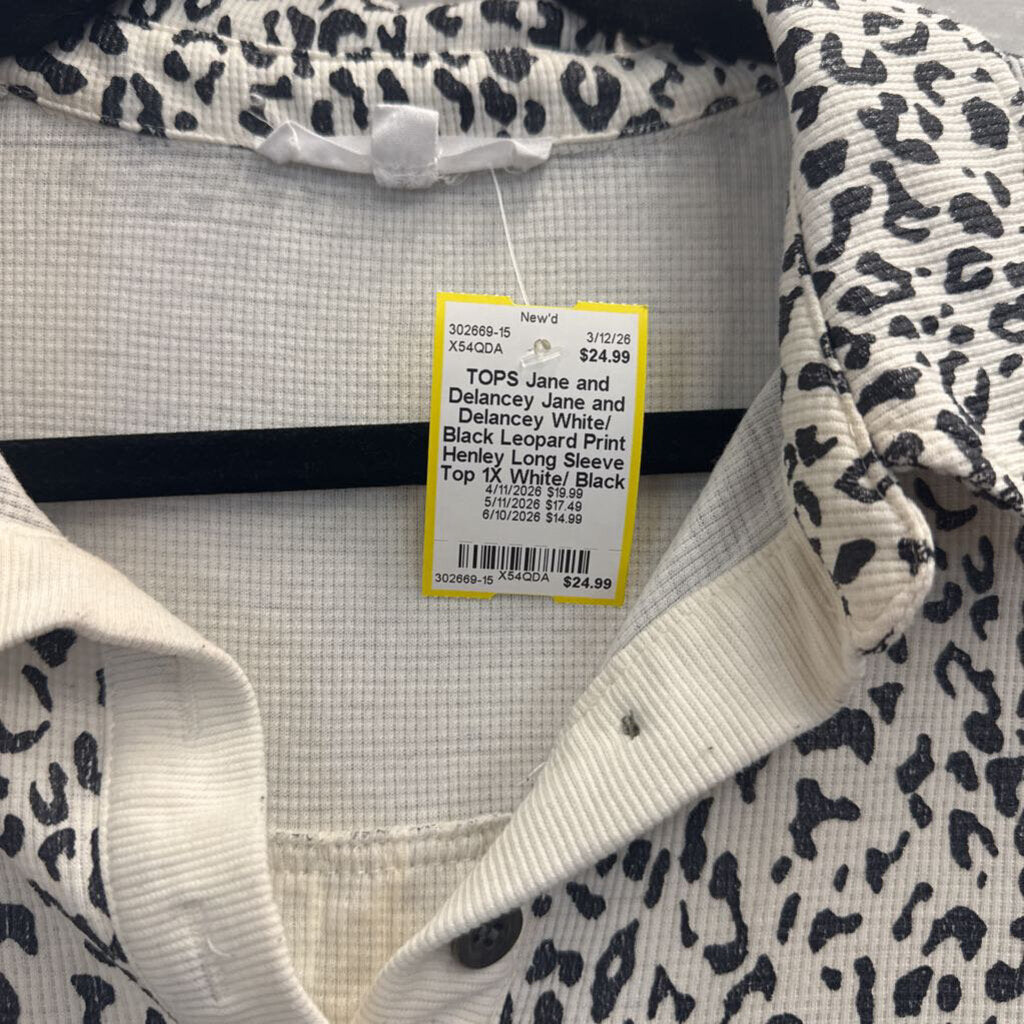 Jane and Delancey White/ Black Leopard Print Henley Long Sleeve Top 1X
