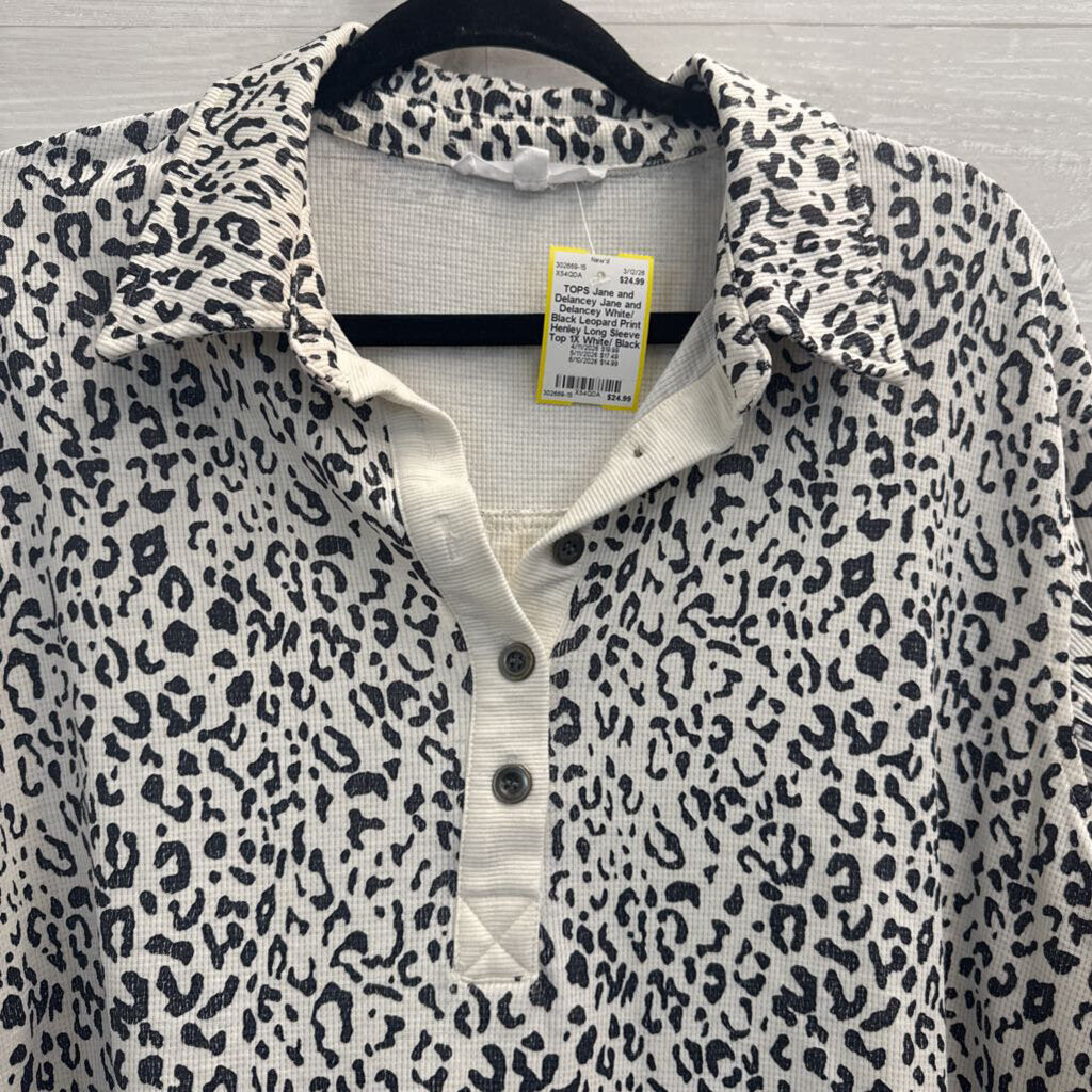 Jane and Delancey White/ Black Leopard Print Henley Long Sleeve Top 1X