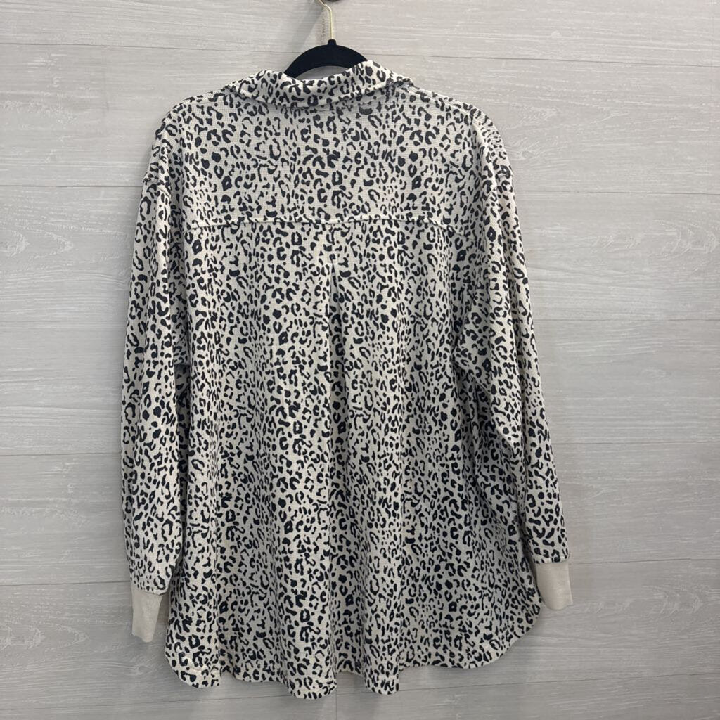 Jane and Delancey White/ Black Leopard Print Henley Long Sleeve Top 1X
