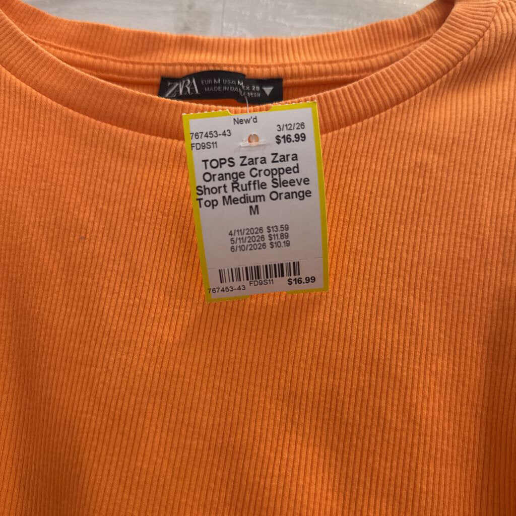 Zara Orange Cropped Short Ruffle Sleeve Top Medium