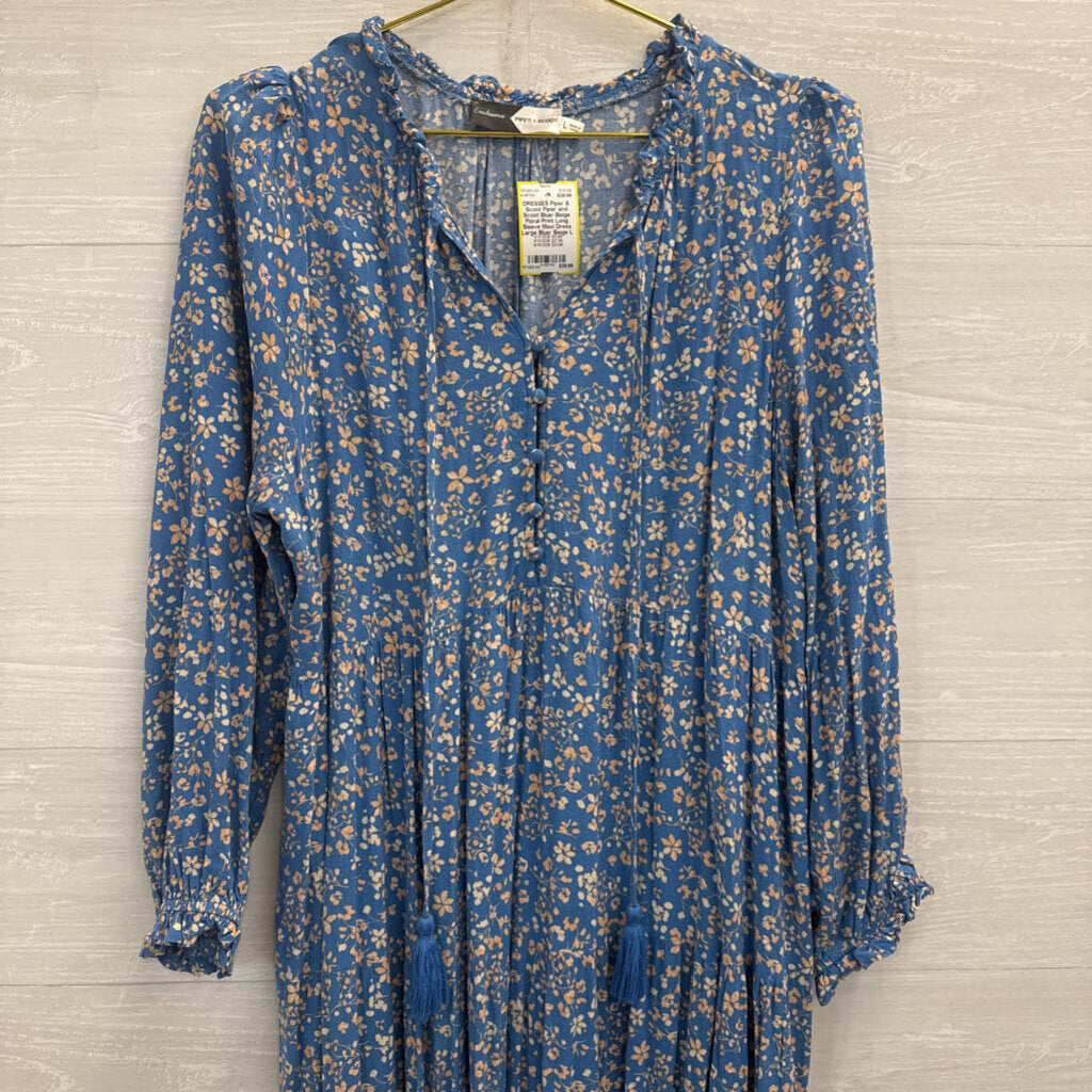 Piper and Scoot Blue/ Beige Floral Print Long Sleeve Maxi Dress Large Piper and Scoot Blue/ Beige Floral Print Long Sleeve Maxi Dress Large