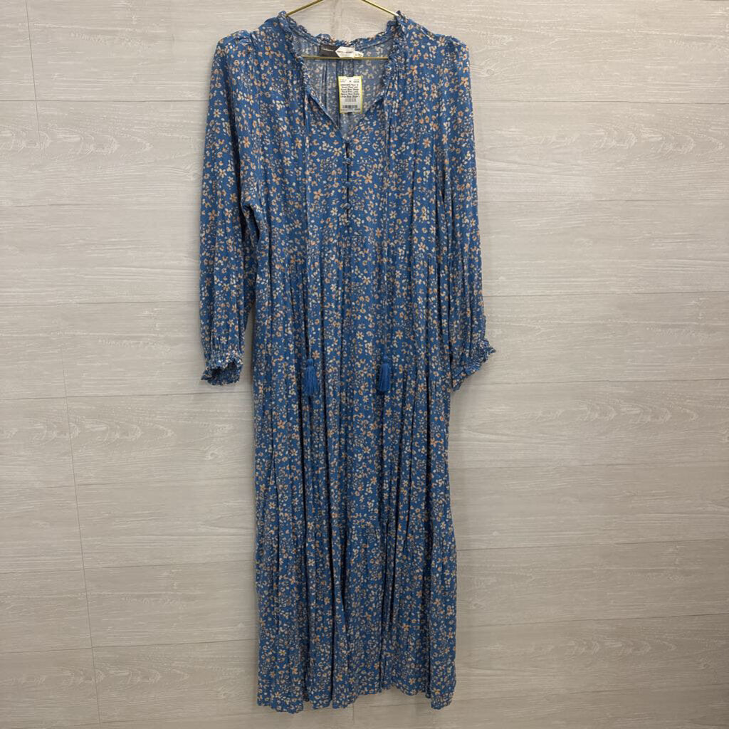 Piper and Scoot Blue/ Beige Floral Print Long Sleeve Maxi Dress Large