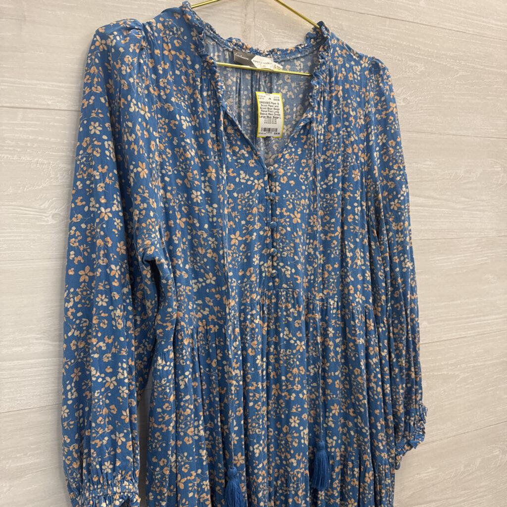 Piper and Scoot Blue/ Beige Floral Print Long Sleeve Maxi Dress Large