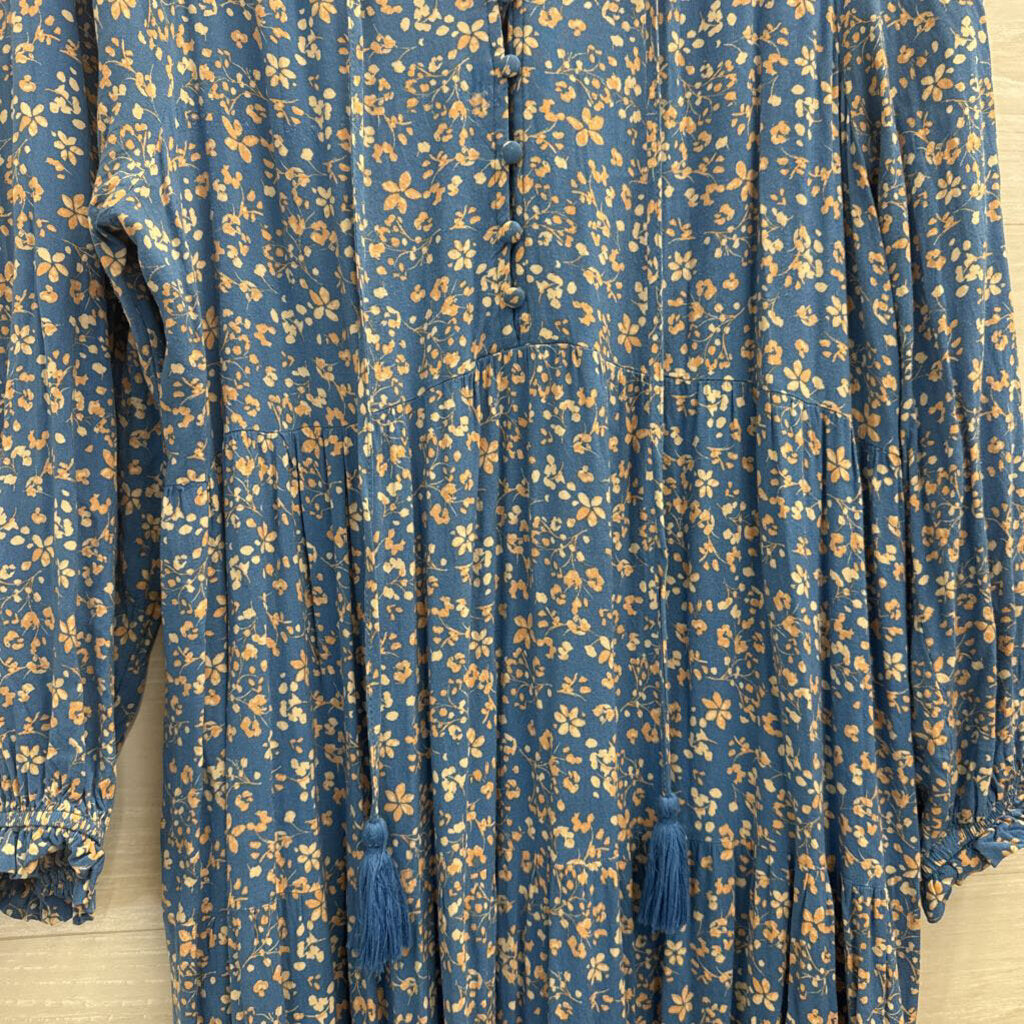 Piper and Scoot Blue/ Beige Floral Print Long Sleeve Maxi Dress Large