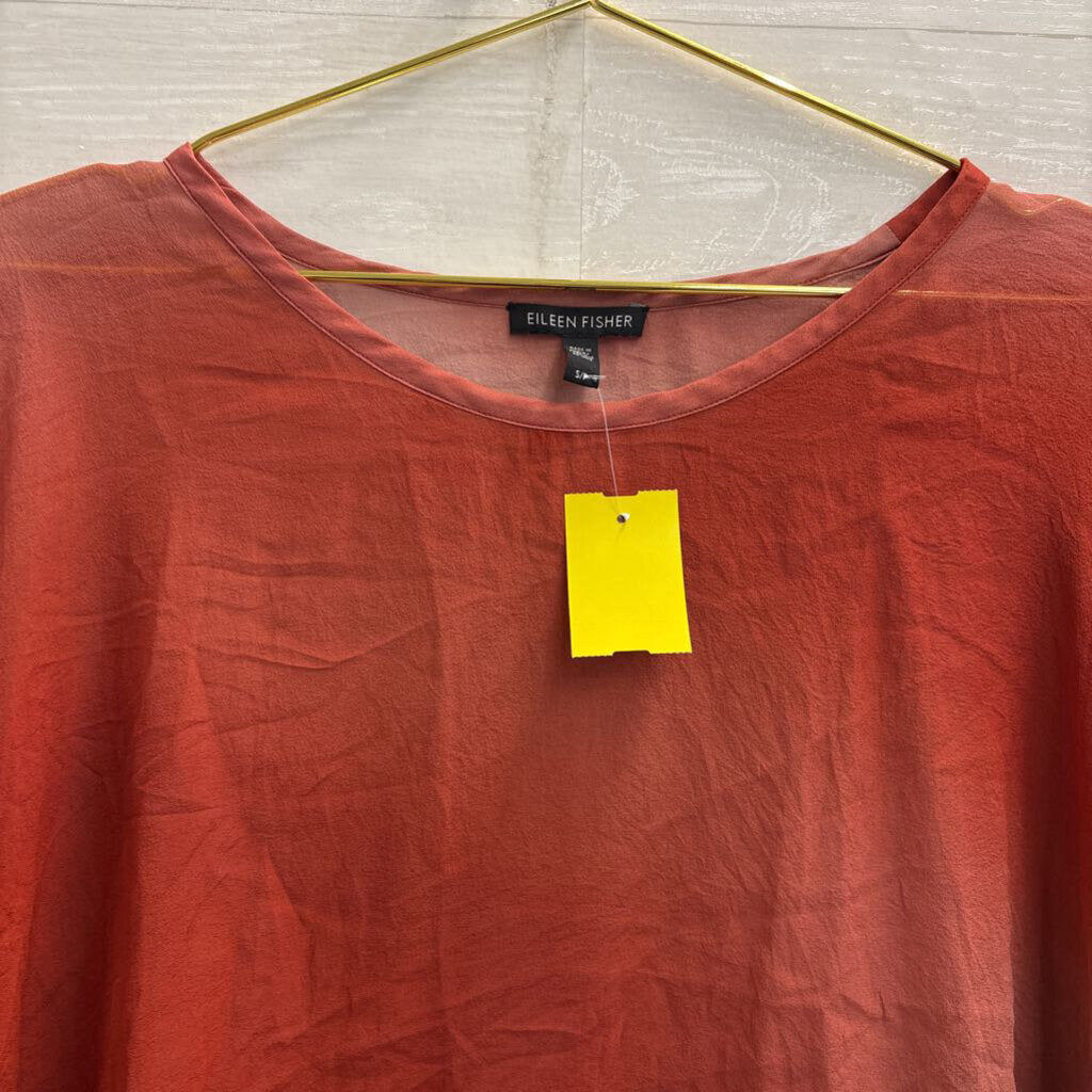 Eileen Fisher Orange Sheer 100% Silk Short Sleeve Top Small