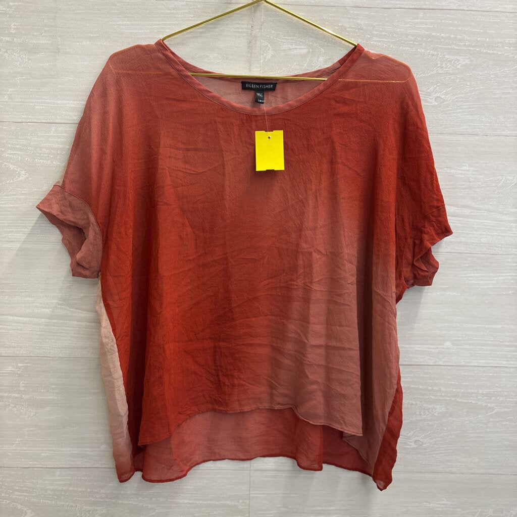 Eileen Fisher Orange Sheer 100% Silk Short Sleeve Top Small