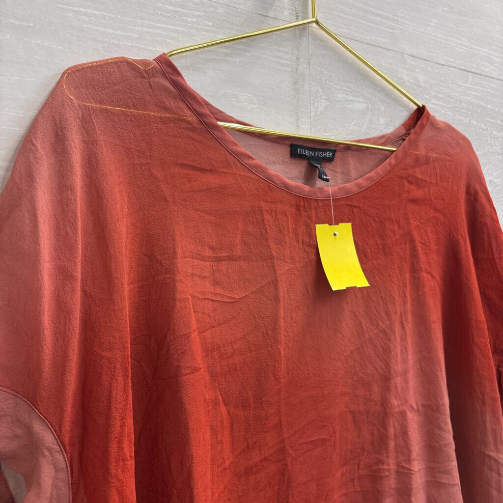 Eileen Fisher Orange Sheer 100% Silk Short Sleeve Top Small