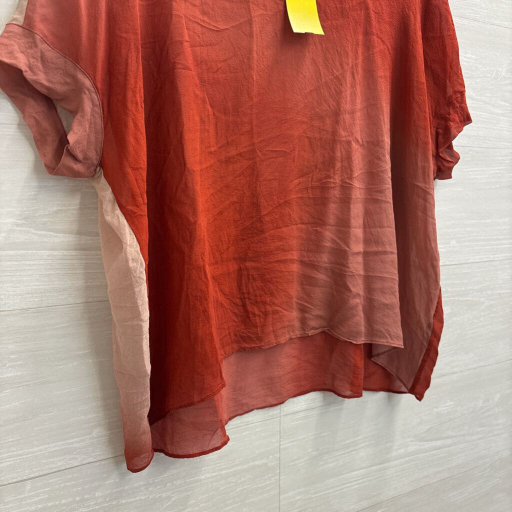 Eileen Fisher Orange Sheer 100% Silk Short Sleeve Top Small