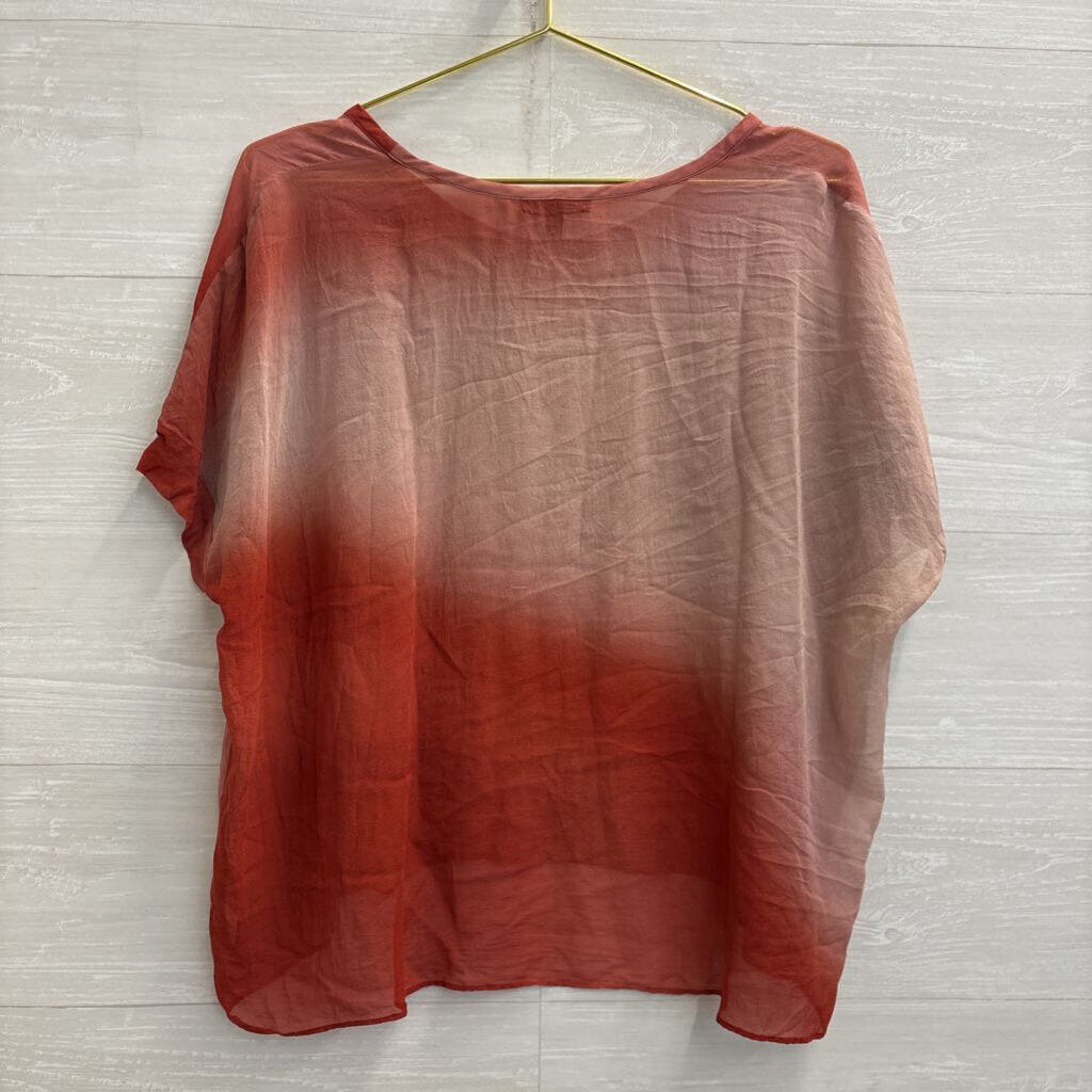 Eileen Fisher Orange Sheer 100% Silk Short Sleeve Top Small