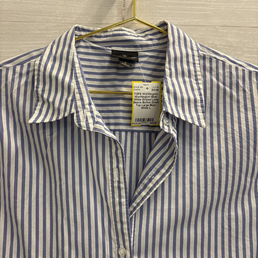 Worthington Blue/ White Striped Long Sleeve Button Down Top Large
