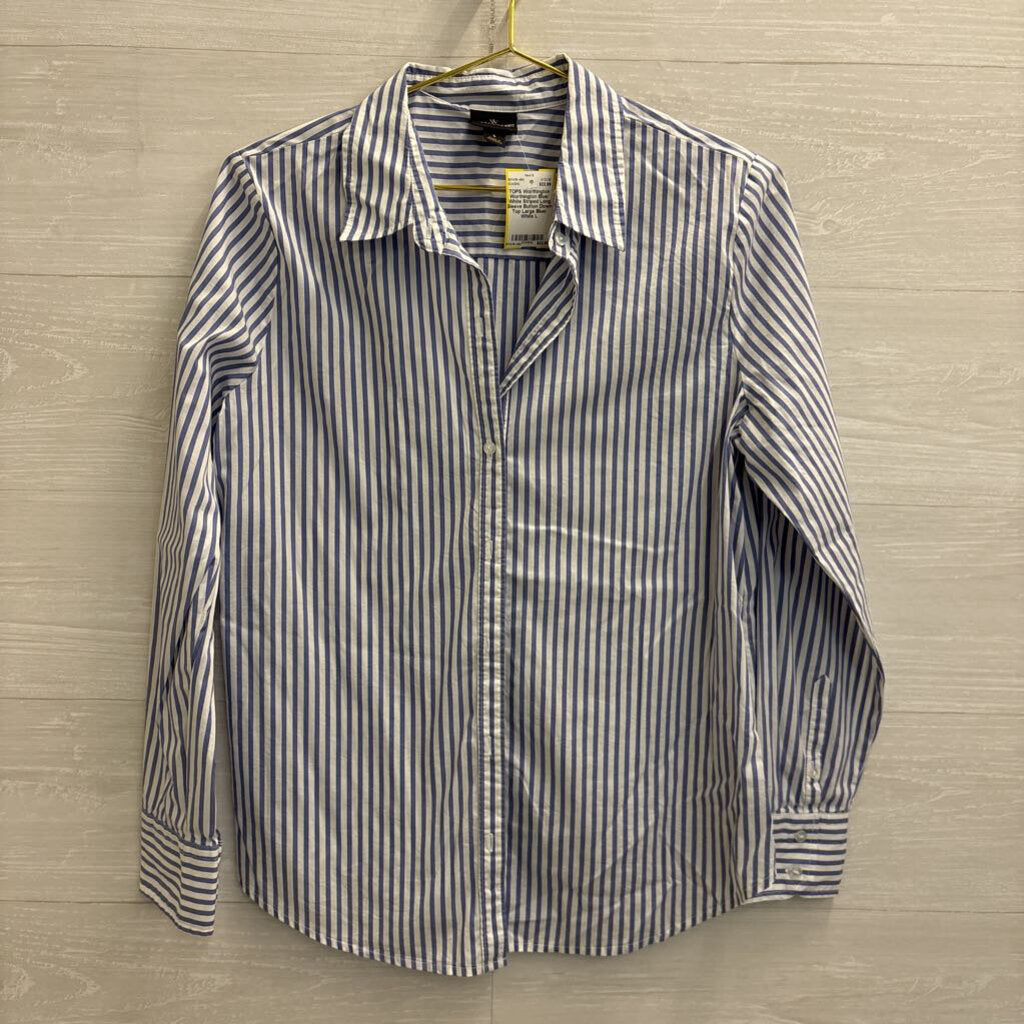 Worthington Blue/ White Striped Long Sleeve Button Down Top Large