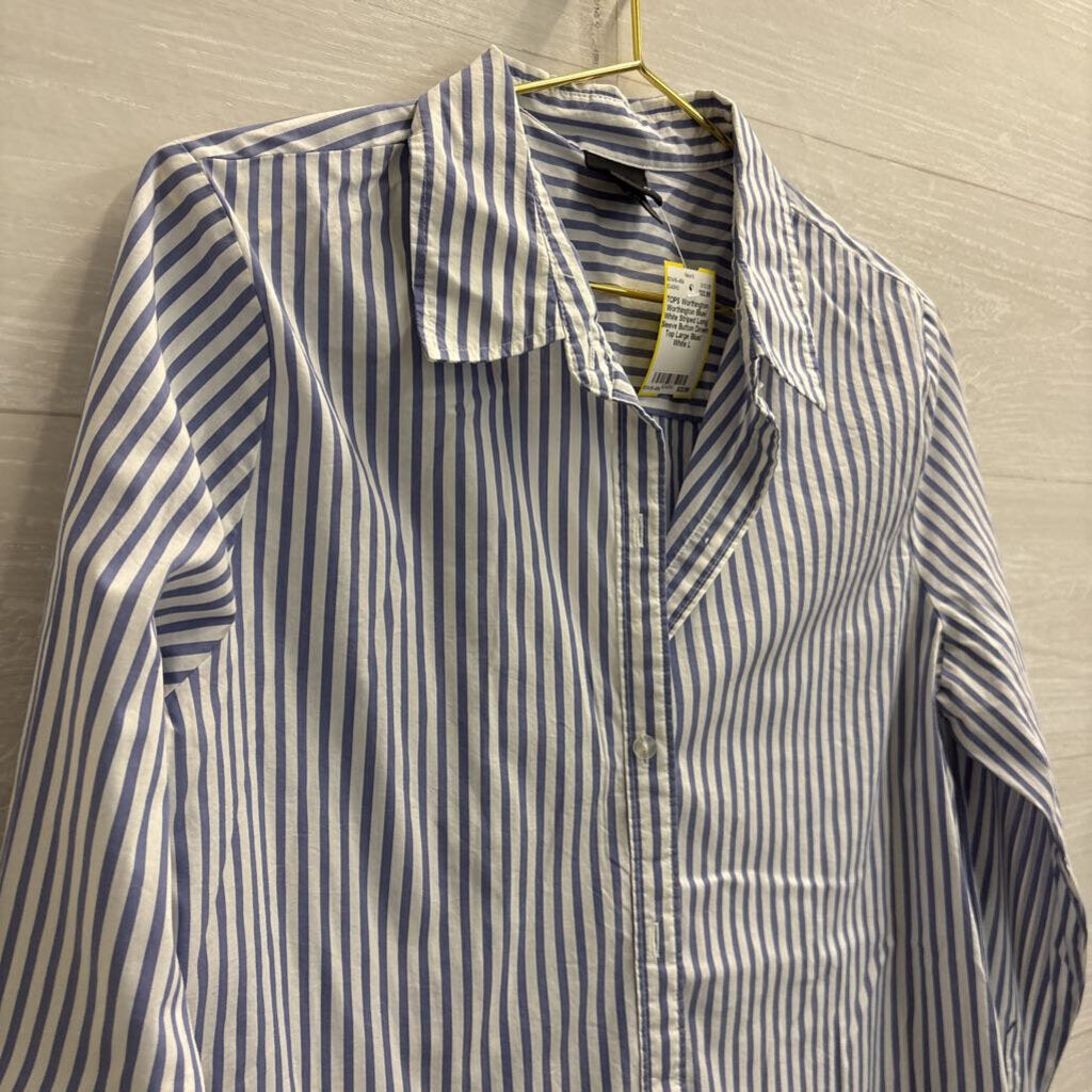 Worthington Blue/ White Striped Long Sleeve Button Down Top Large