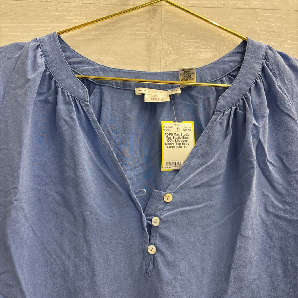 Max Studio Blue 100% Silk Long Sleeve Top Extra Large