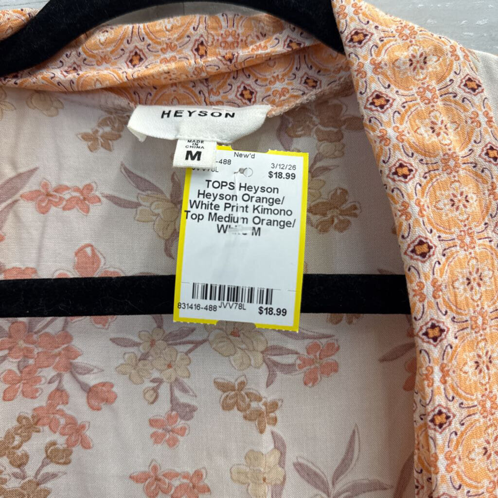 Heyson Orange/ White Print Kimono Top Medium