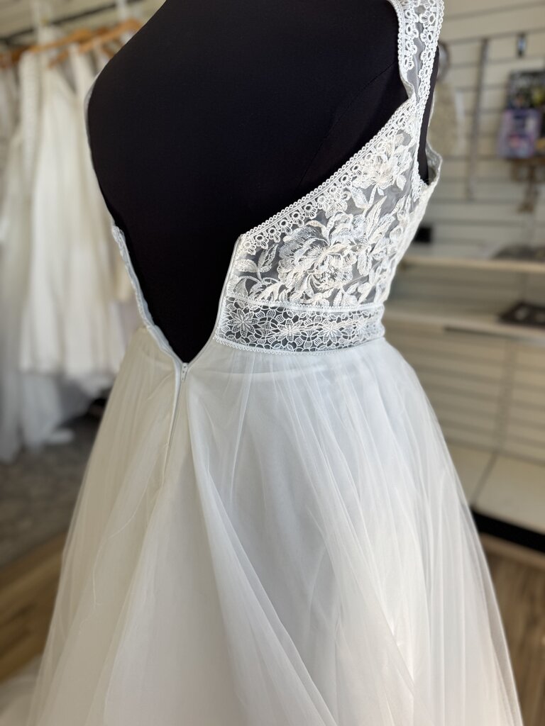 Dave & Johnny Lace Top Sheer Detail Wedding Dress 16