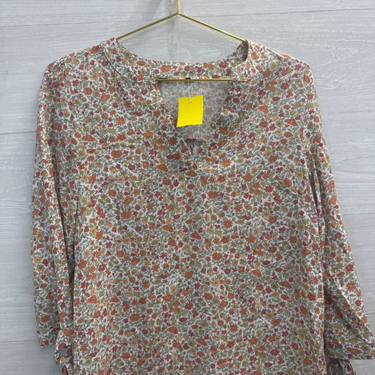 White/ Orange/ Green Floral Print Long Sleeve Top Small