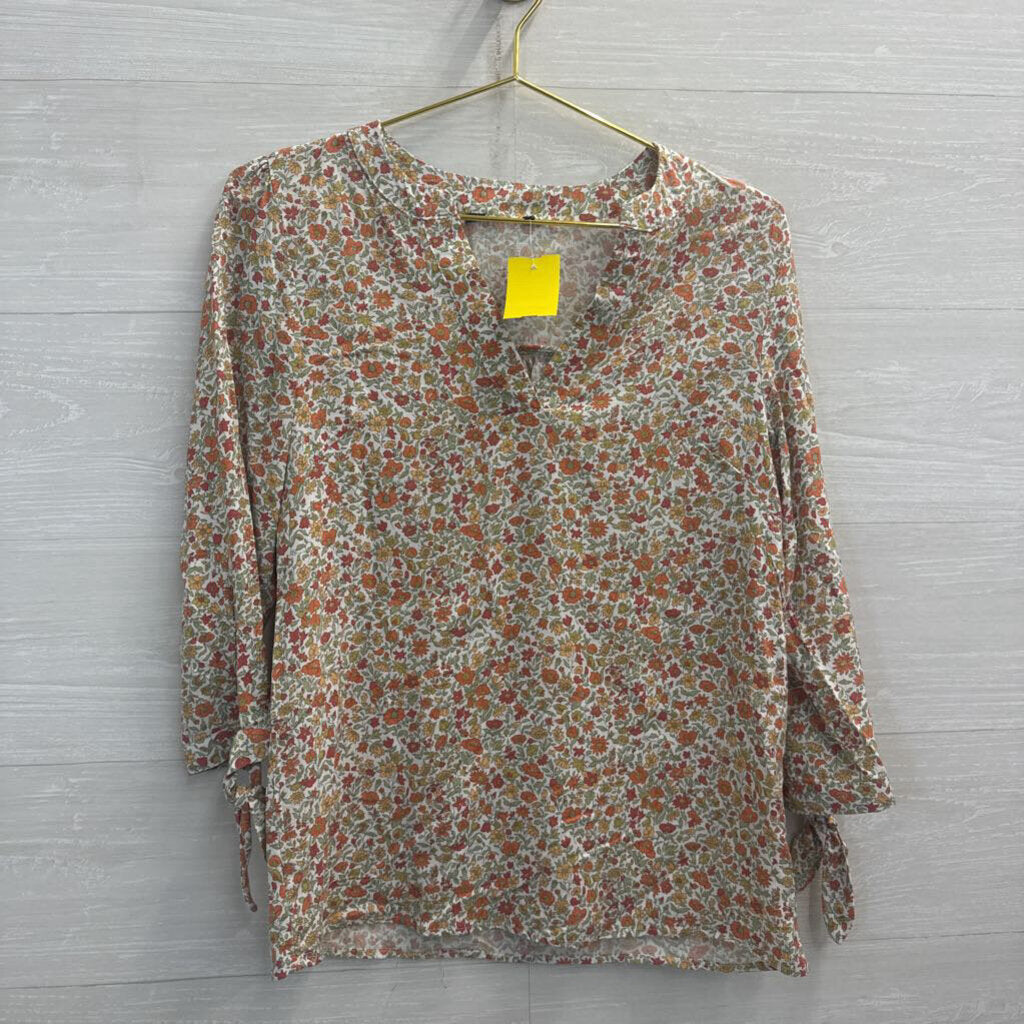White/ Orange/ Green Floral Print Long Sleeve Top Small