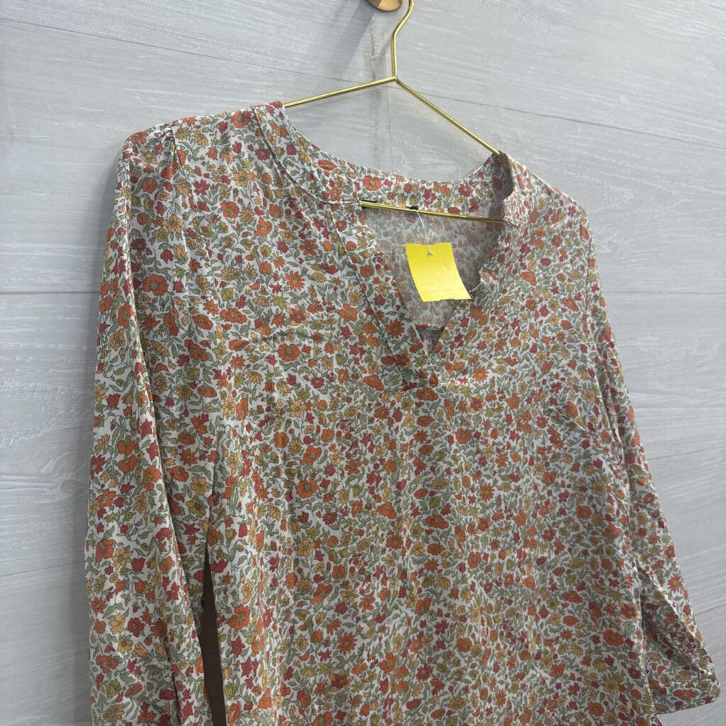 White/ Orange/ Green Floral Print Long Sleeve Top Small