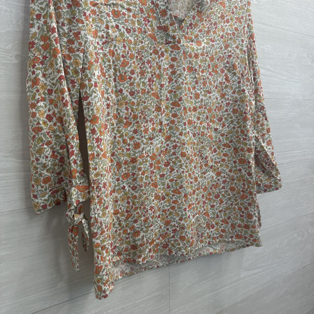 White/ Orange/ Green Floral Print Long Sleeve Top Small